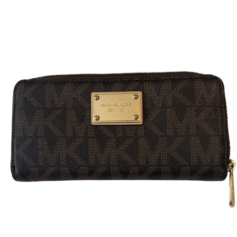 Michael Kors Monogram Zip Around Wallet Brown Gold Tone